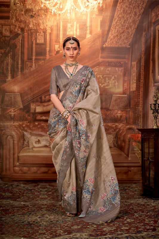 Cream Silk Saree with Floral Peacock Embroidery Saree with Blouse