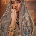 Cream Silk Saree with Floral Peacock Embroidery Saree with Blouse