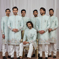 Elegant Off-White Art Silk Thread Work Wedding Indo Western Suit for Men