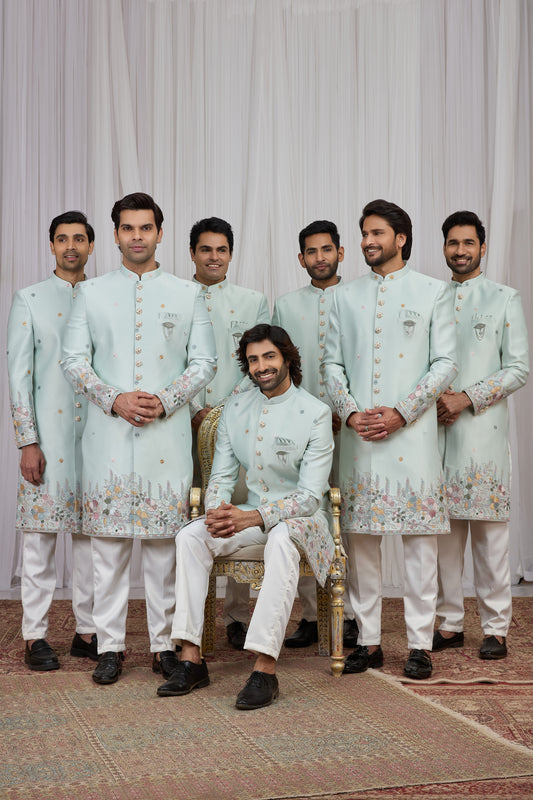 Elegant Off-White Art Silk Thread Work Wedding Indo Western Suit for Men