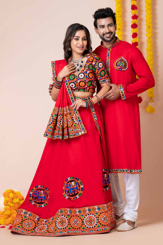Couple Red Gujarati Embroidered Navratri Chaniya Choli and Kurta Set with Mirror Work