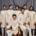 Traditional Beige Jacquard Wedding Wear Indo Western for Men
