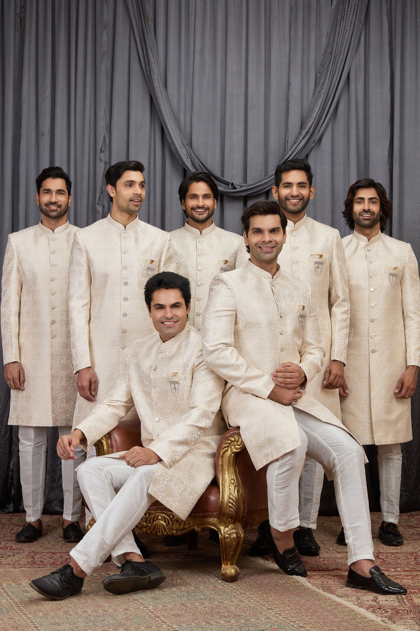 Traditional Beige Jacquard Wedding Wear Indo Western for Men