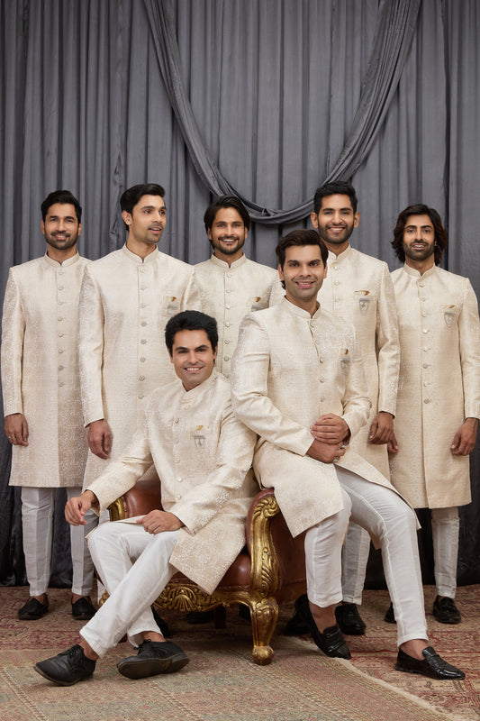 Traditional Beige Jacquard Wedding Wear Indo Western for Men