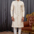 Traditional Beige Jacquard Wedding Wear Indo Western for Men