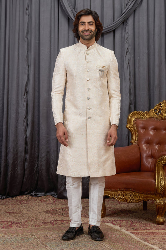 Traditional Beige Jacquard Wedding Wear Indo Western for Men