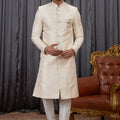 Traditional Beige Jacquard Wedding Wear Indo Western for Men