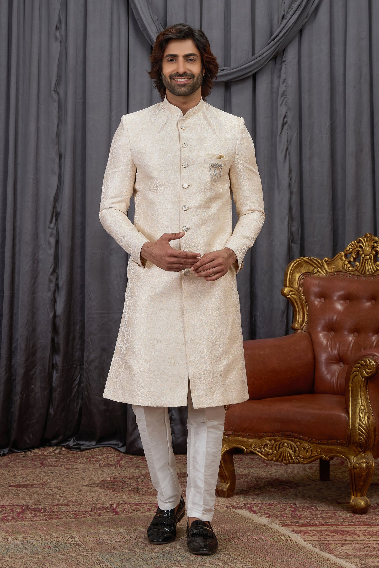 Traditional Beige Jacquard Wedding Wear Indo Western for Men