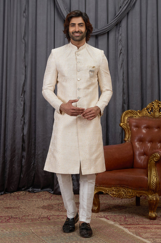 Traditional Beige Jacquard Wedding Wear Indo Western for Men