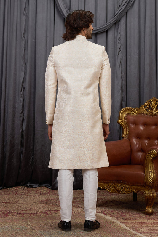 Traditional Beige Jacquard Wedding Wear Indo Western for Men