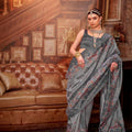 Steel Grey Silk Saree with Floral Embroidery Saree with Blouse