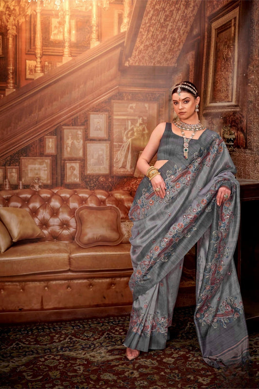 Steel Grey Silk Saree with Floral Embroidery Saree with Blouse