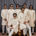 Traditional Beige Jacquard Wedding Wear Indo Western for Men