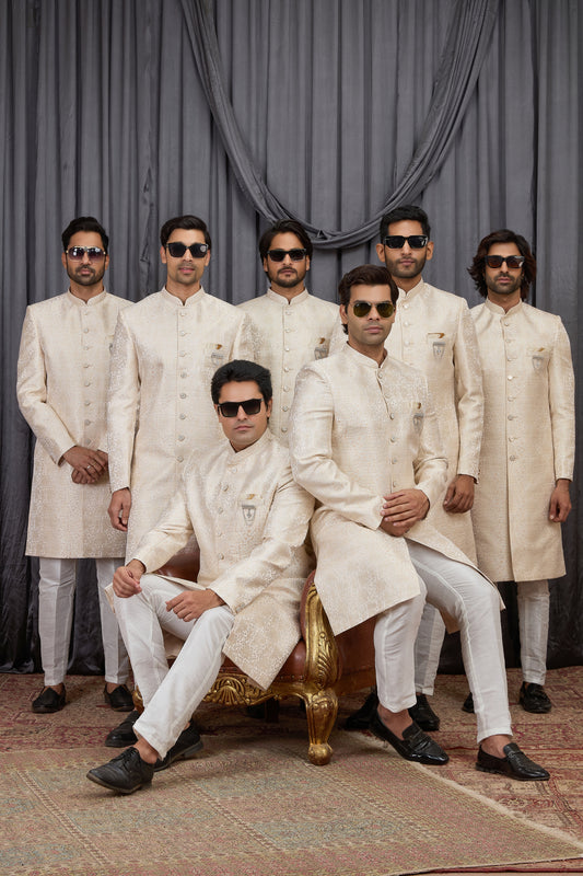 Traditional Beige Jacquard Wedding Wear Indo Western for Men