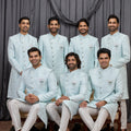 Designer Sky Blue Jacquard Wedding Wear Indo Western for Men
