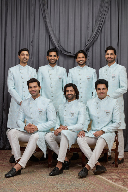 Designer Sky Blue Jacquard Wedding Wear Indo Western for Men