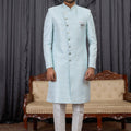 Designer Sky Blue Jacquard Wedding Wear Indo Western for Men