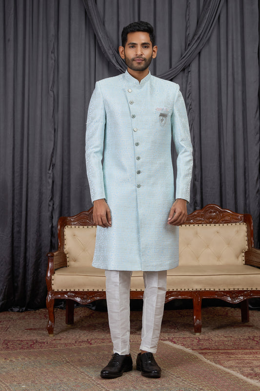 Designer Sky Blue Jacquard Wedding Wear Indo Western for Men