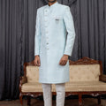 Designer Sky Blue Jacquard Wedding Wear Indo Western for Men