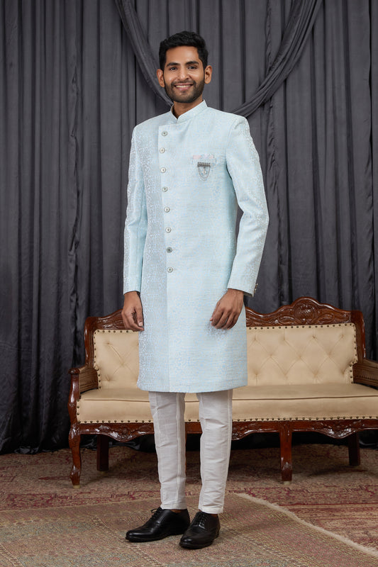 Designer Sky Blue Jacquard Wedding Wear Indo Western for Men