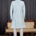 Designer Sky Blue Jacquard Wedding Wear Indo Western for Men