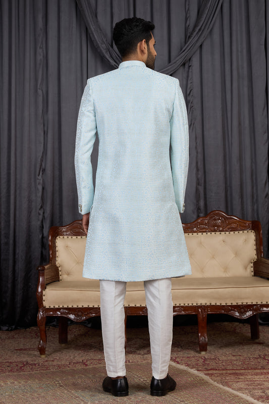 Designer Sky Blue Jacquard Wedding Wear Indo Western for Men