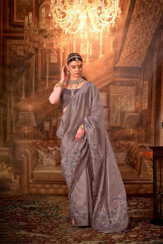 Elegant Grey Silk Saree with Embroidered Border Festive Occasions