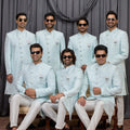 Designer Sky Blue Jacquard Wedding Wear Indo Western for Men