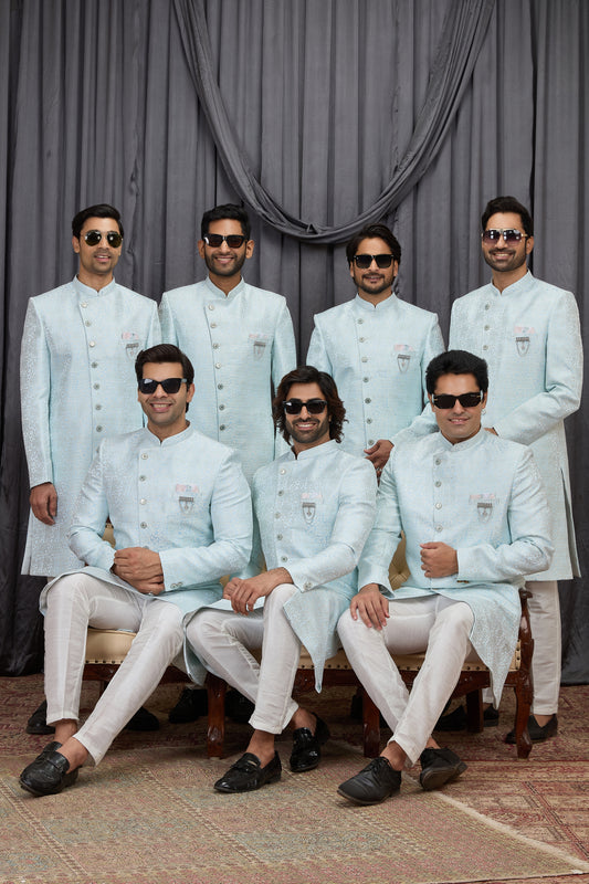 Designer Sky Blue Jacquard Wedding Wear Indo Western for Men