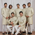 Wonderful Green Jacquard Wedding Wear Indo Western for Men