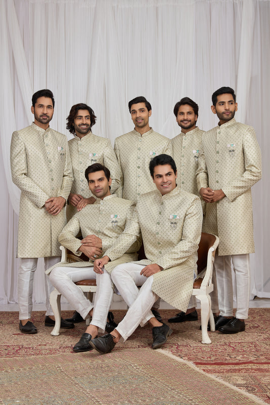 Wonderful Green Jacquard Wedding Wear Indo Western for Men