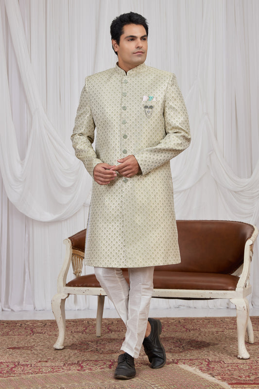Wonderful Green Jacquard Wedding Wear Indo Western for Men
