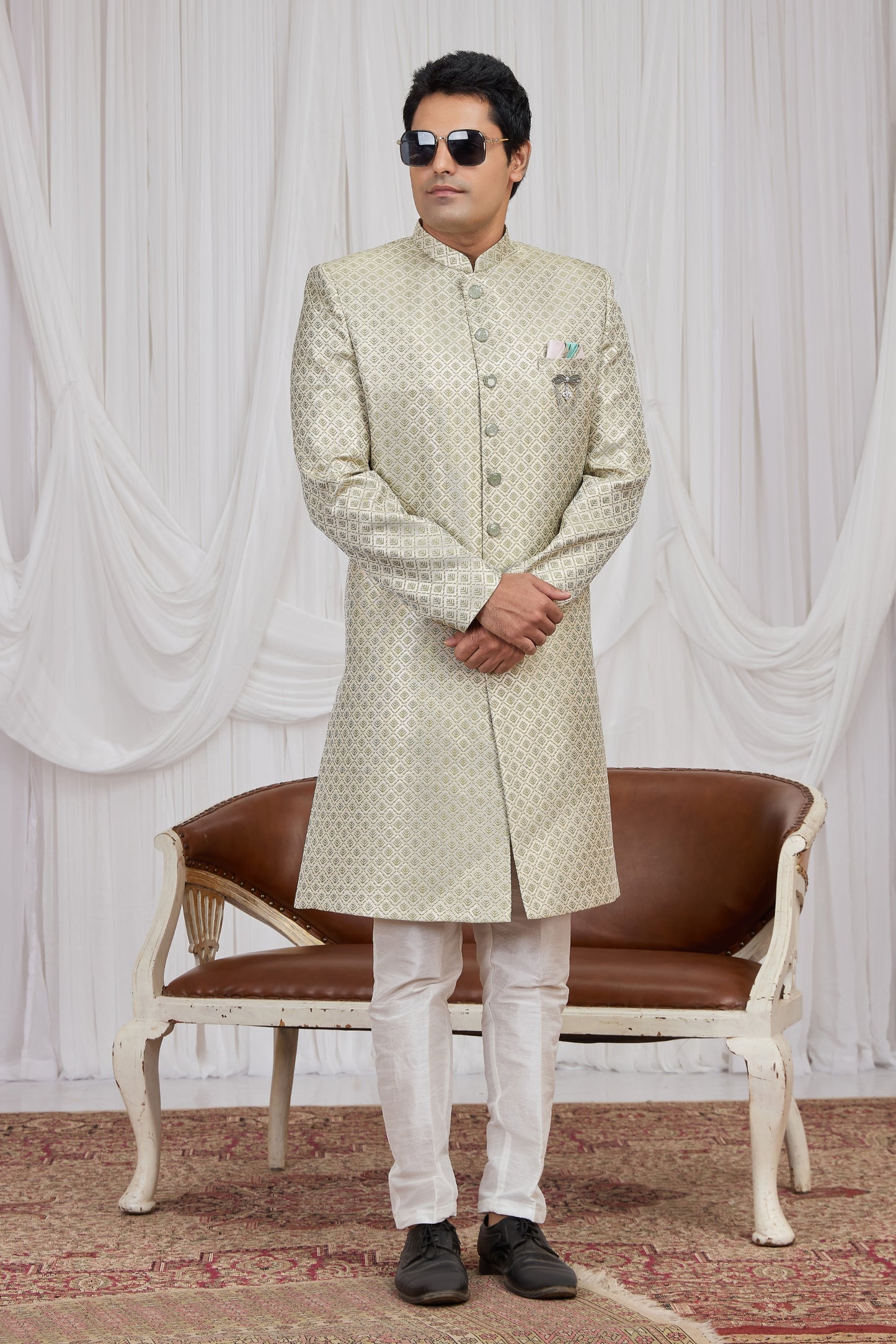 Wonderful Green Jacquard Wedding Wear Indo Western for Men