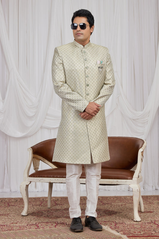 Wonderful Green Jacquard Wedding Wear Indo Western for Men