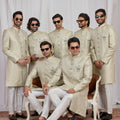 Wonderful Green Jacquard Wedding Wear Indo Western for Men