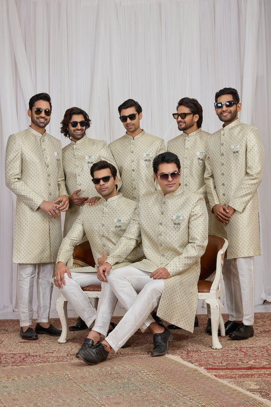 Wonderful Green Jacquard Wedding Wear Indo Western for Men