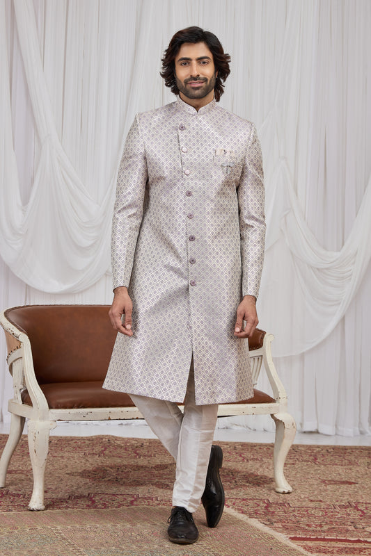 Awesome Light Purple Jacquard Wedding Wear Indo Western for Men
