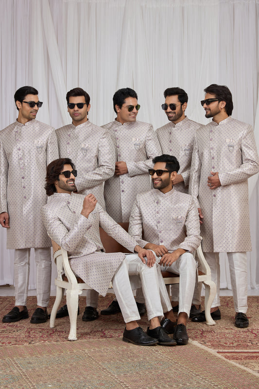Awesome Light Purple Jacquard Wedding Wear Indo Western for Men