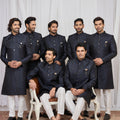 Classy Navy Blue Jacquard Wedding Wear Indo Western for Men