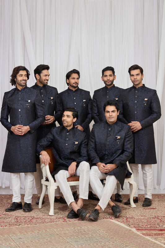 Classy Navy Blue Jacquard Wedding Wear Indo Western for Men