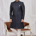 Classy Navy Blue Jacquard Wedding Wear Indo Western for Men