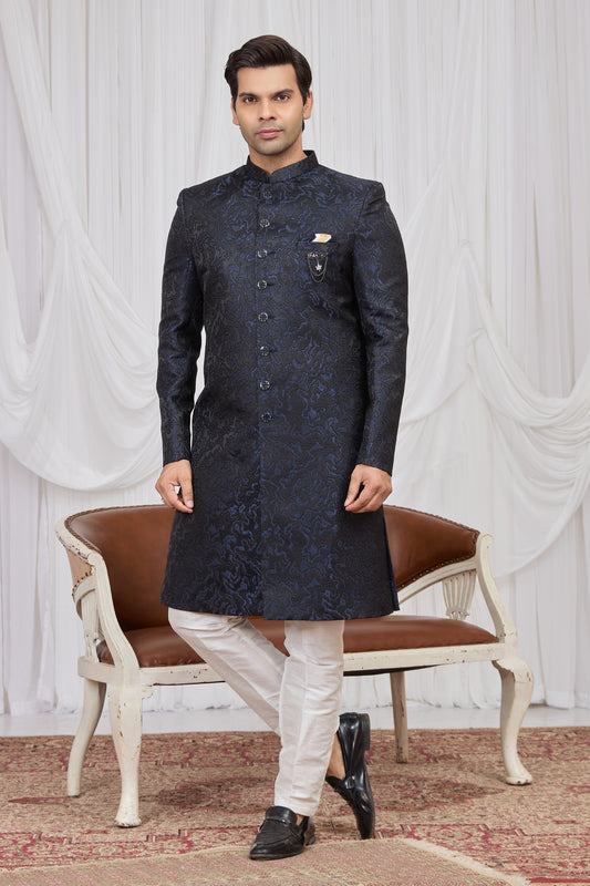 Classy Navy Blue Jacquard Wedding Wear Indo Western for Men