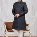 Classy Navy Blue Jacquard Wedding Wear Indo Western for Men