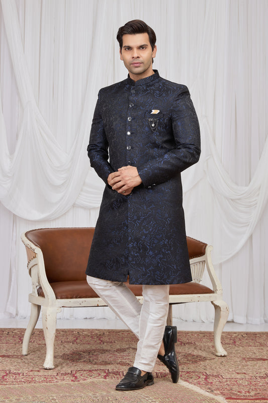 Classy Navy Blue Jacquard Wedding Wear Indo Western for Men