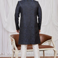 Classy Navy Blue Jacquard Wedding Wear Indo Western for Men