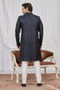 Classy Navy Blue Jacquard Wedding Wear Indo Western for Men