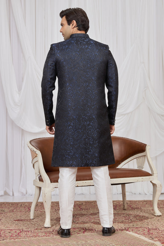 Classy Navy Blue Jacquard Wedding Wear Indo Western for Men