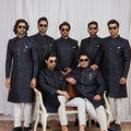 Classy Navy Blue Jacquard Wedding Wear Indo Western for Men