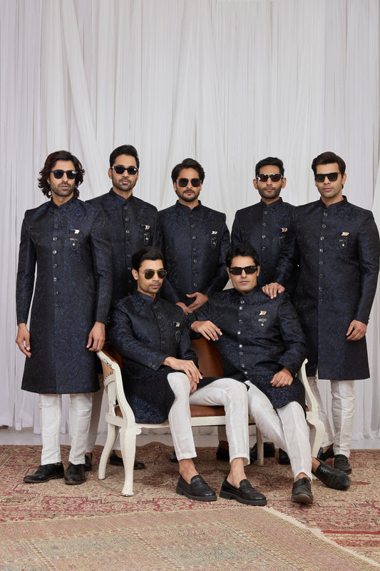 Classy Navy Blue Jacquard Wedding Wear Indo Western for Men