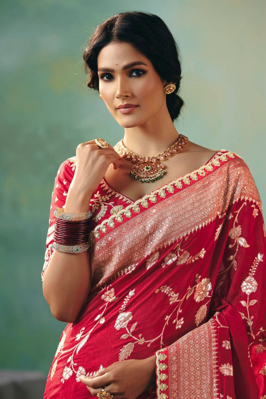 Red Silk Saree Embroidery Designer  Matching Blouse